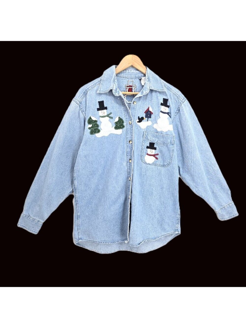 VTG 80s Snowman Patch Quilting By Renee Chambry Button Up Shirt Women Size M/L